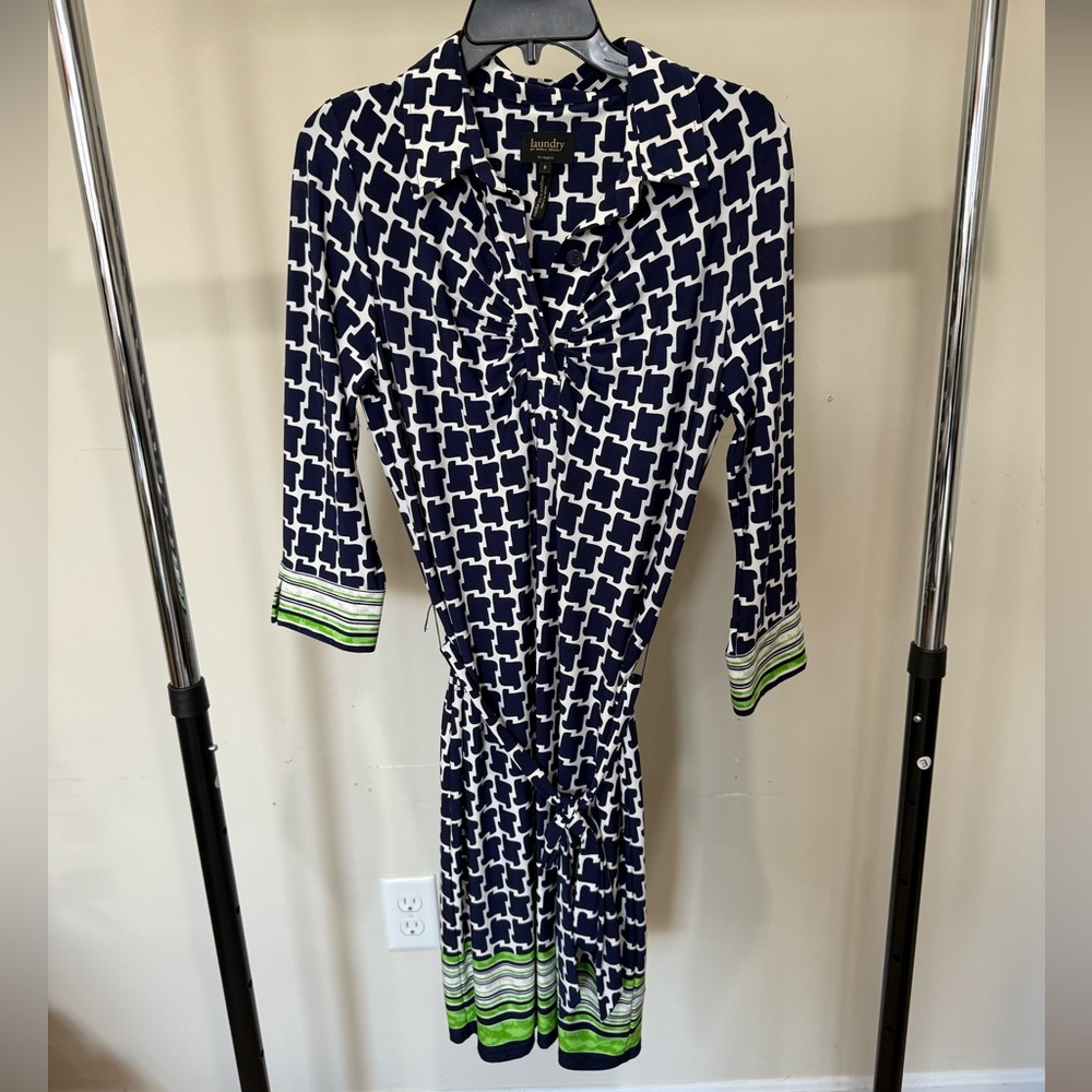 Laundry By Shelli Segal Navy & White Patterned Dress with lime green detail